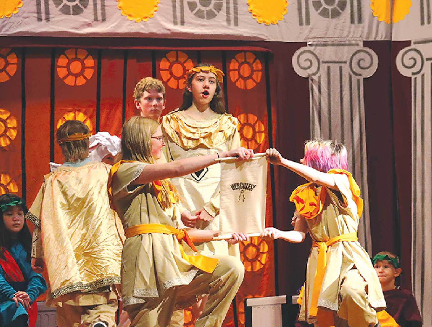 Maryfield School students performing the Missoula Theatre production of Hercules.